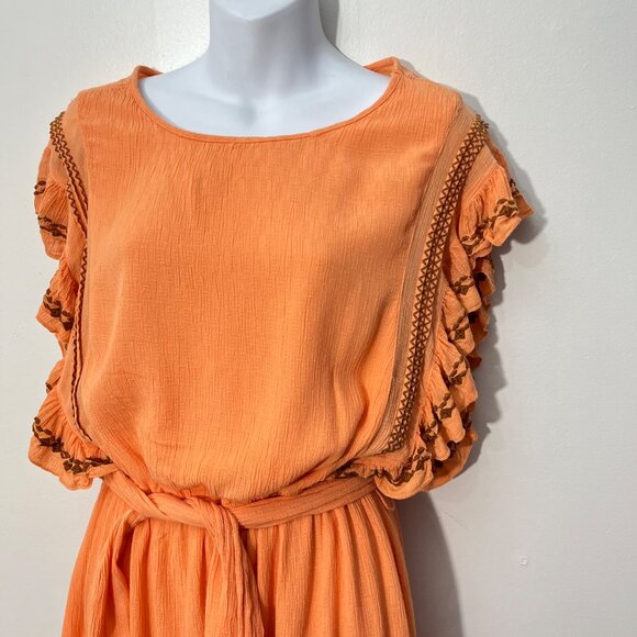 Free People Orange Coral Bronze Embroidered Boho Weekend Brunch Dress Size Large - Picture 3 of 8